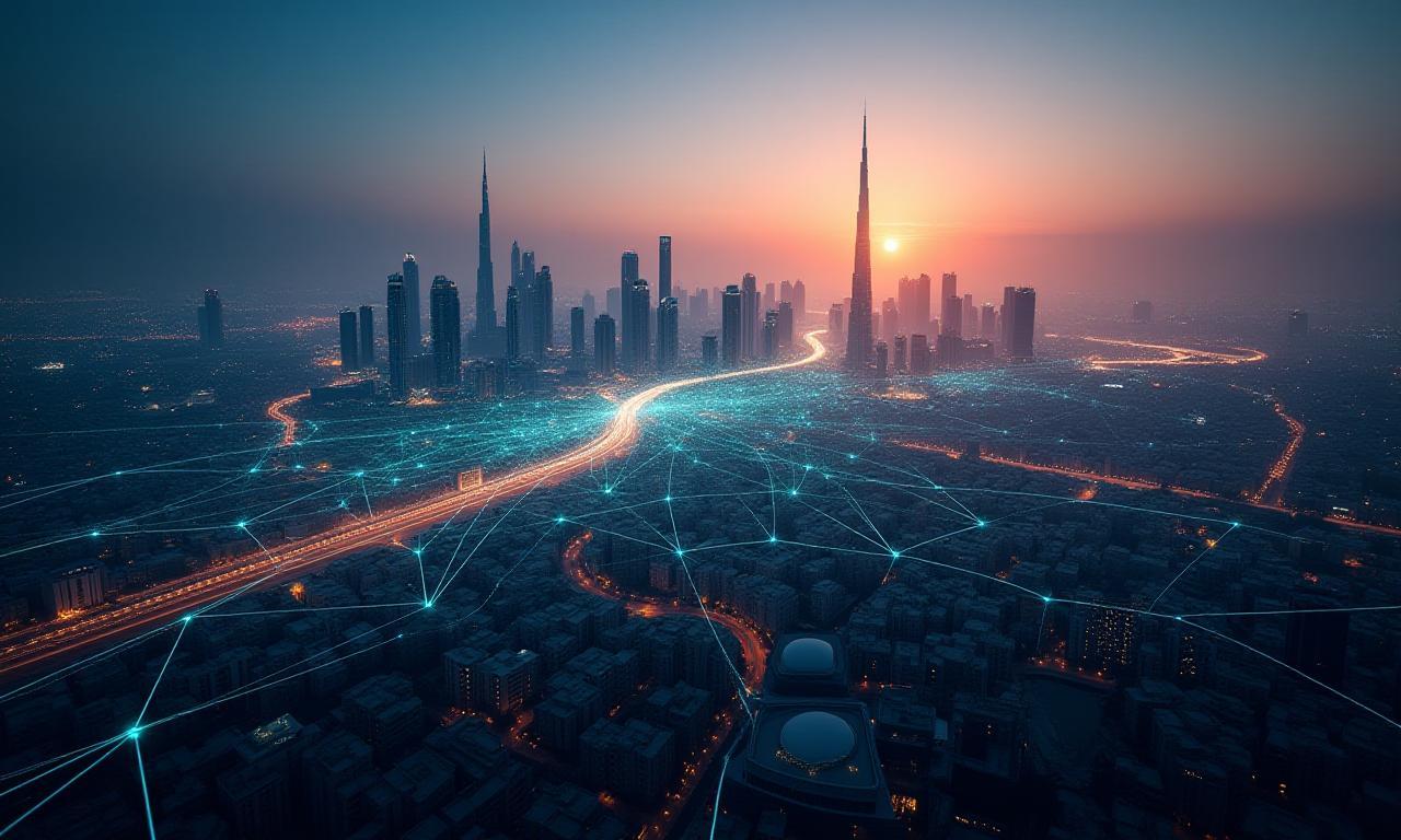 أفق دبي مع خطوط شبكية متوهجة
